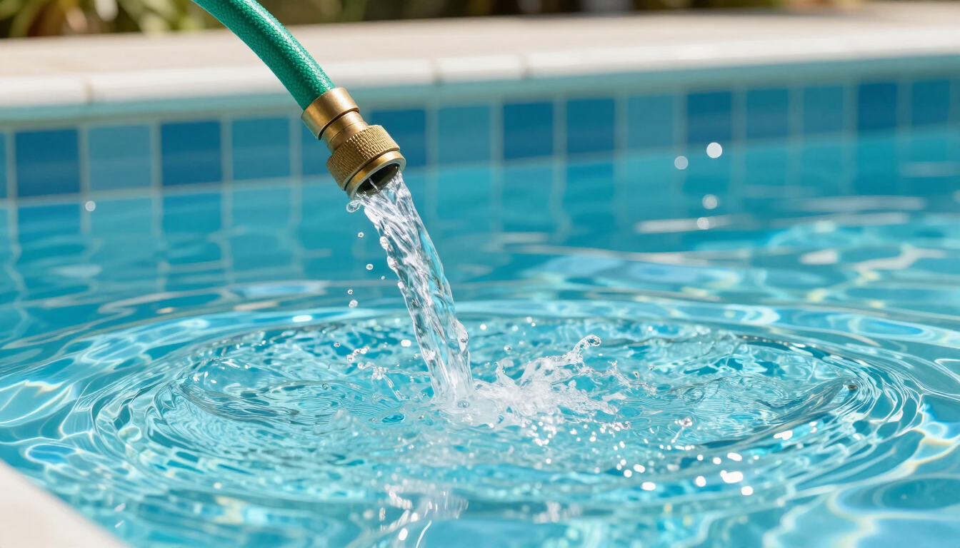Una manguera verde vierte agua en una piscina, creando ondas y salpicaduras.