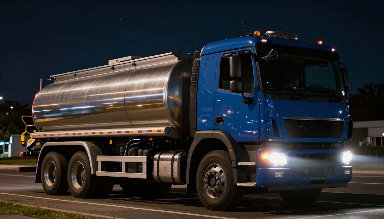 Camión cisterna azul estacionado de noche, con las luces encendidas y el tanque de combustible cromado reflejando la luz.