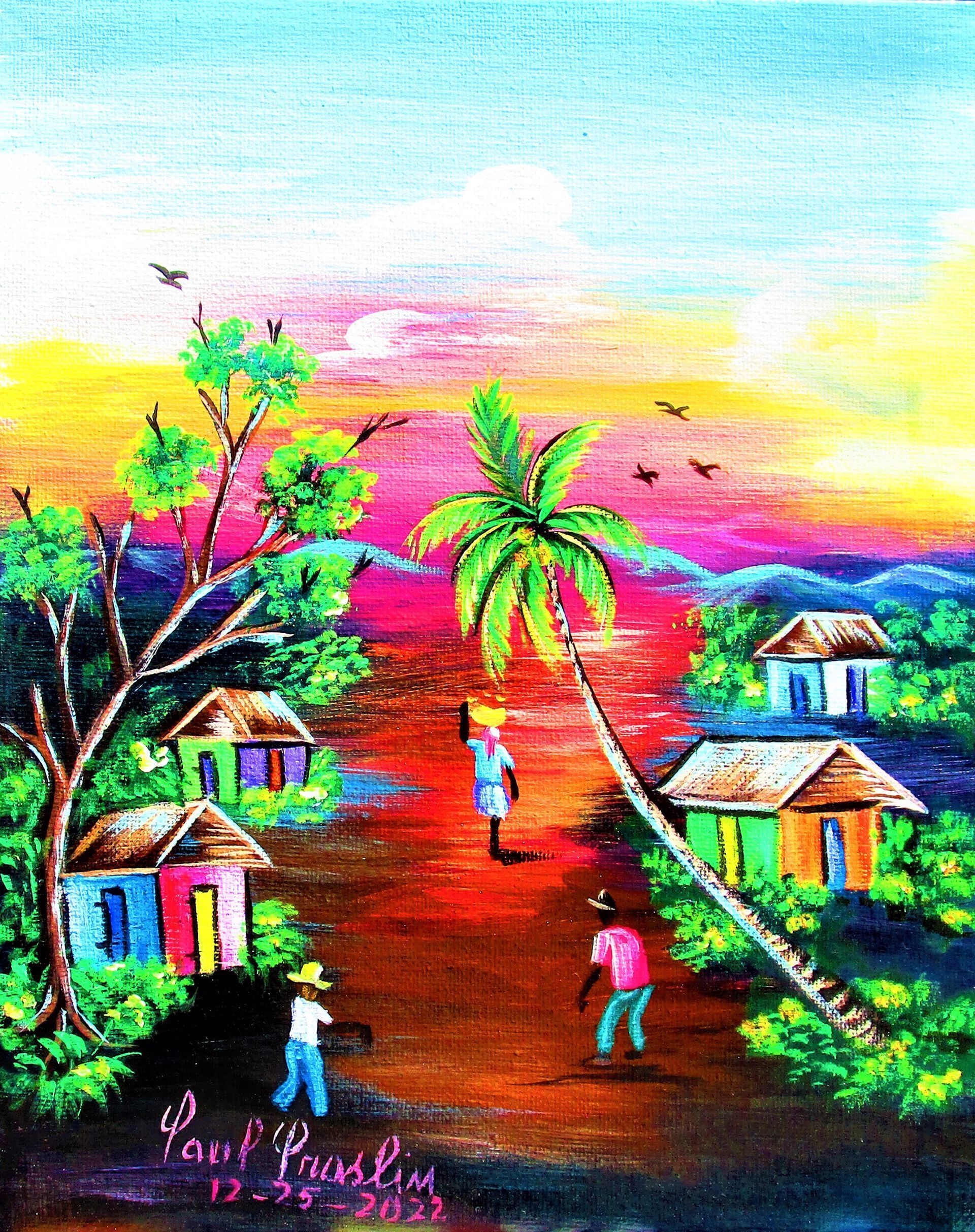 Colorful village road at sunset with palm trees, small houses, and people walking