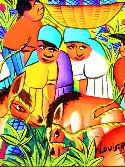 Colorful cartoon of smiling figures in a lush field with leaves, fruit, and a woven basket above them
