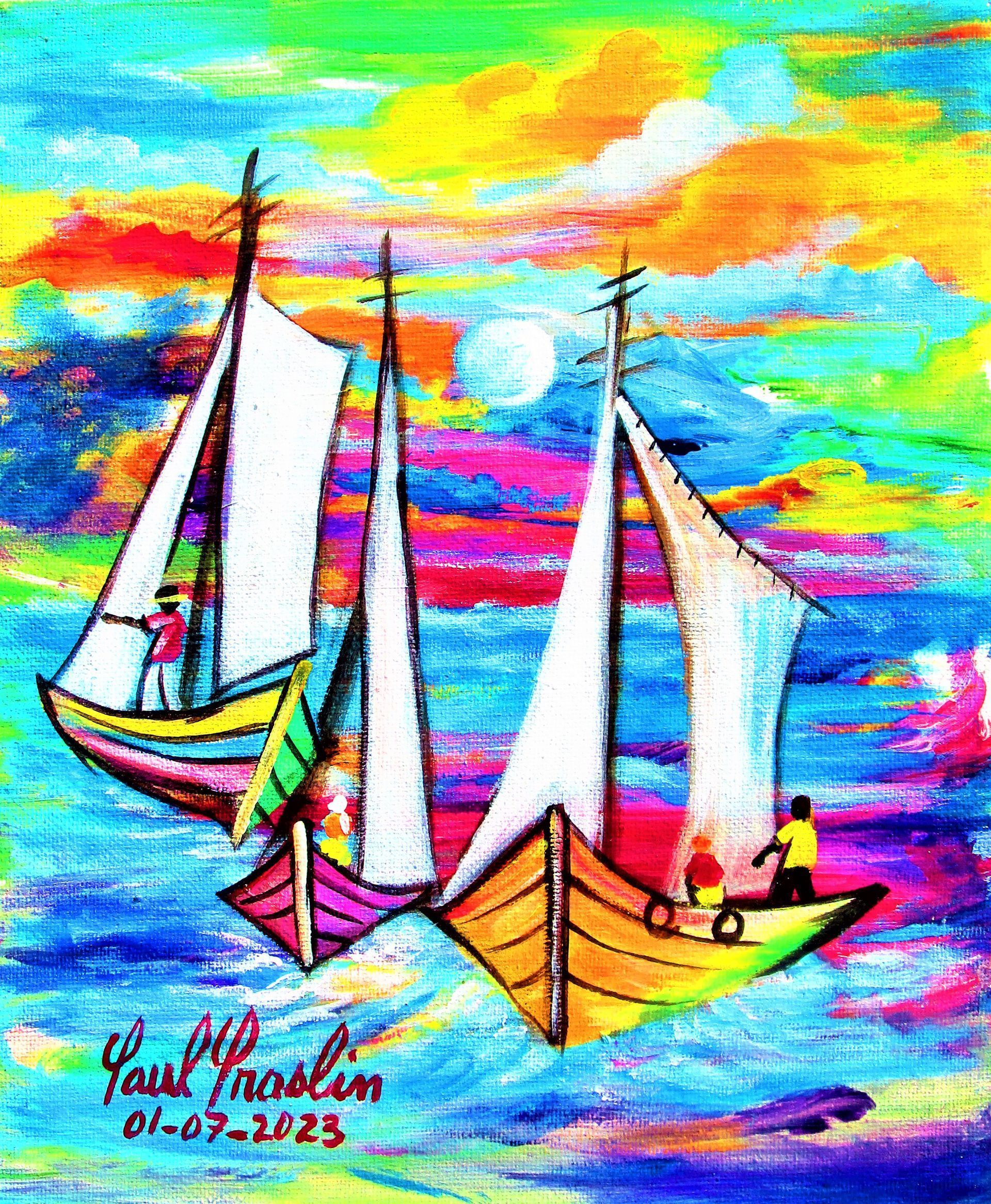 Three sailboats on a vivid rainbow sea and sky, with a small boat carrying two people at right.