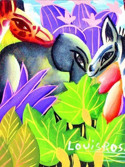 Colorful painting of a rabbit hidden in bright green and purple leaves with a red butterfly above.