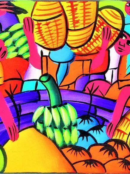 Colorful abstract painting with bright flowers, leaves, and striped fruit shapes on a vivid background