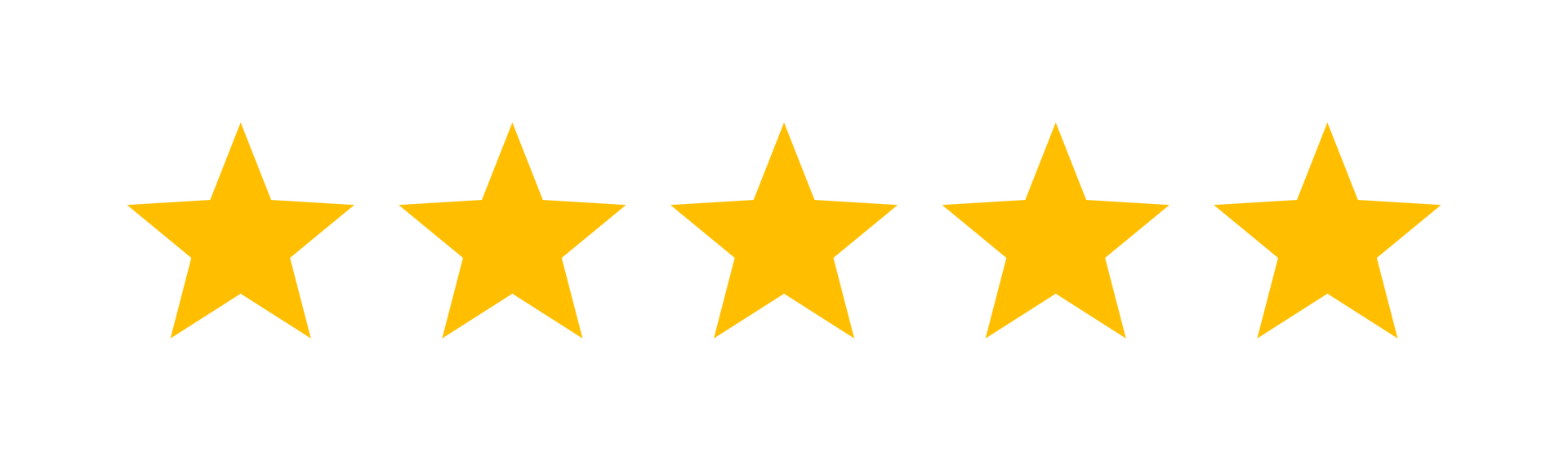 A row of five yellow stars on a white background.