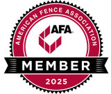American Fence Association member badge, red, white, and black, marked 2025