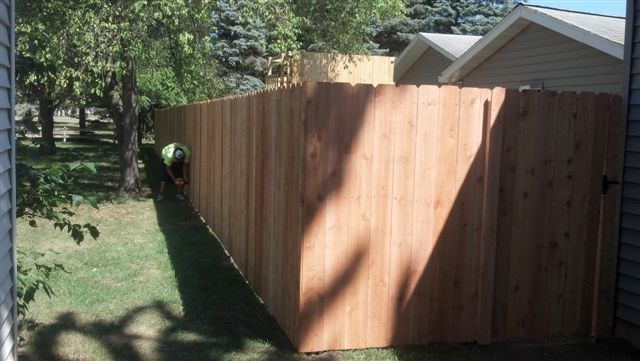 Wooden privacy fence beside a house in a sunlit backyard with trees and grass