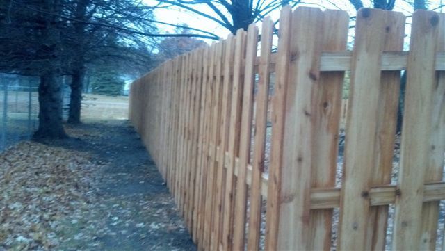 Wooden fence along a leaf-covered path beside bare trees in a wooded area