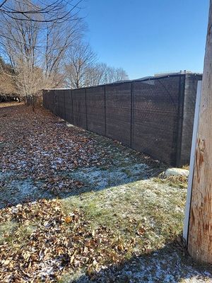 Leaf-covered backyard beside a long black privacy fence on a sunny winter day.