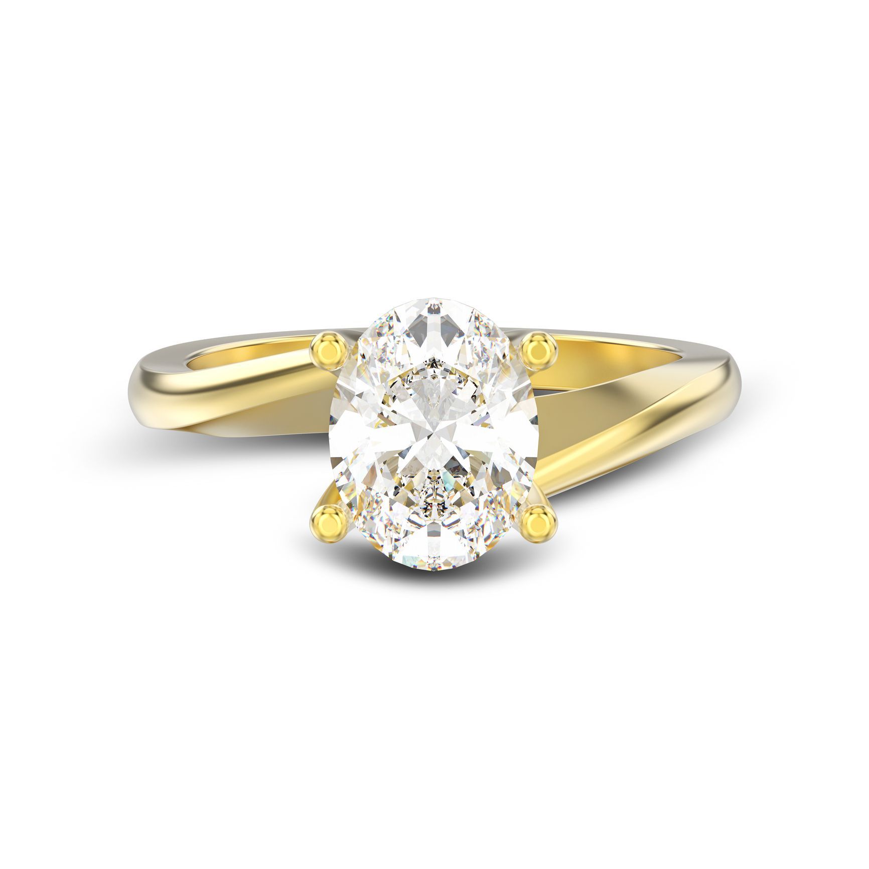 Yellow gold twisted illusion diamond ring with shadow on white background
