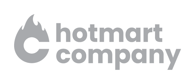 O logotipo da empresa hotmart é cinza e tem uma chama.