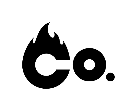 Um logotipo preto e branco com uma chama no meio.
