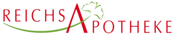 Das Logo der &bdquo;REICHS Apotheke&ldquo; mit einem stilisierten roten &bdquo;A&ldquo; und einem gr&uuml;nen Blattelement deutet auf eine Apotheke hin.