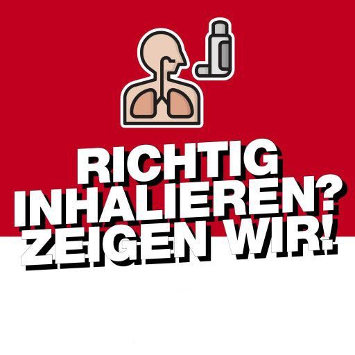Abbildung einer Person, die mit einem Inhalator inhaliert, über dem Text: „Richtig inhalieren? Wir zeigen es Ihnen!“. Roter und weißer Hintergrund.