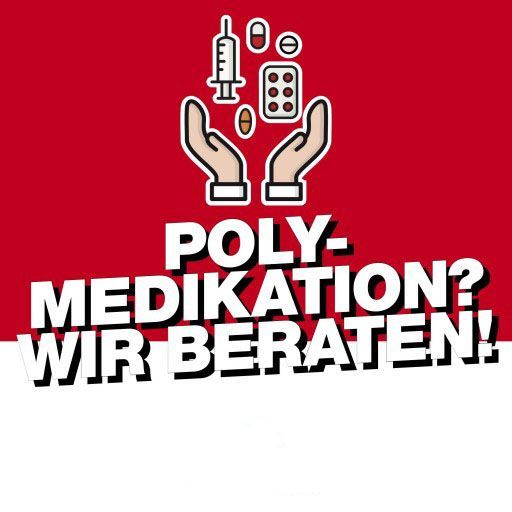 Hände umschließen Medikamente; Text fragt nach Polypharmazie und bietet eine Beratung an. Roter und weißer Hintergrund.