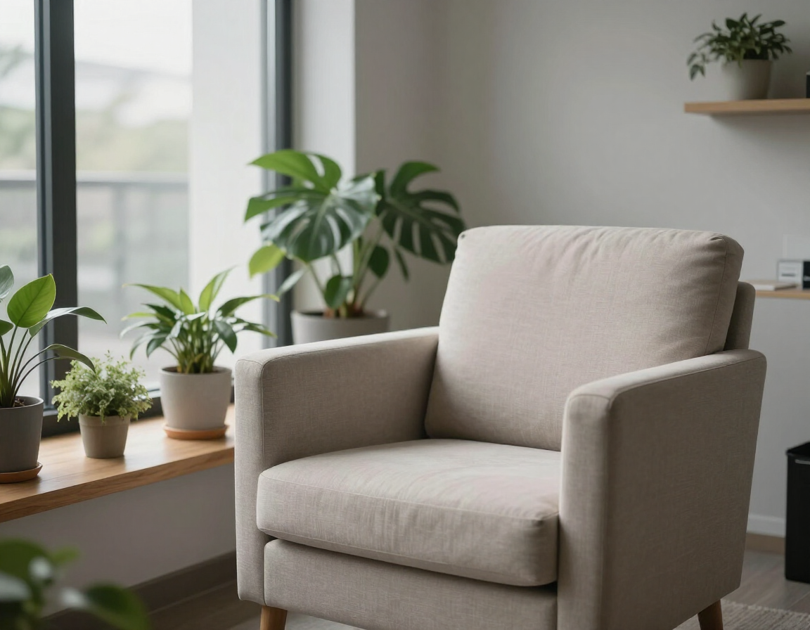 Cozy beige armchair beside a window with several potted plants on a wooden sill