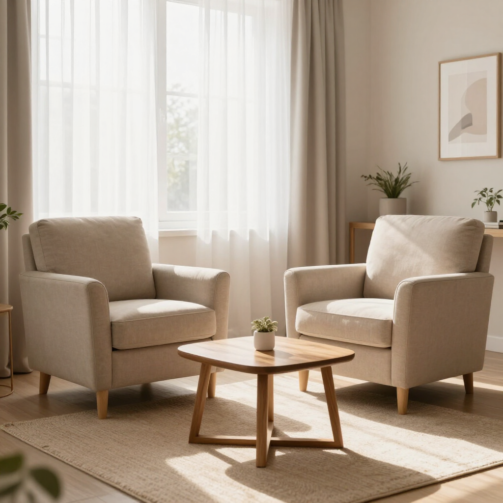 Two beige armchairs beside a small wooden table in a bright, minimalist living room