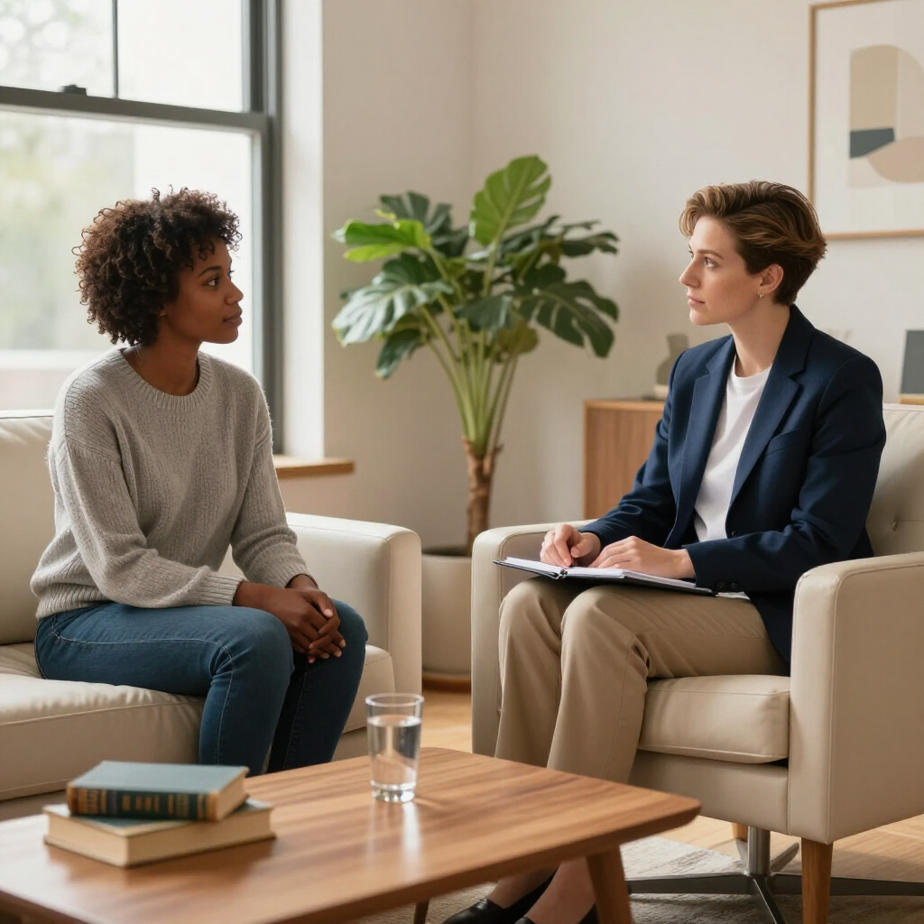 Two people in a bright office discussing over notebooks, with a coffee table and potted plant nearby