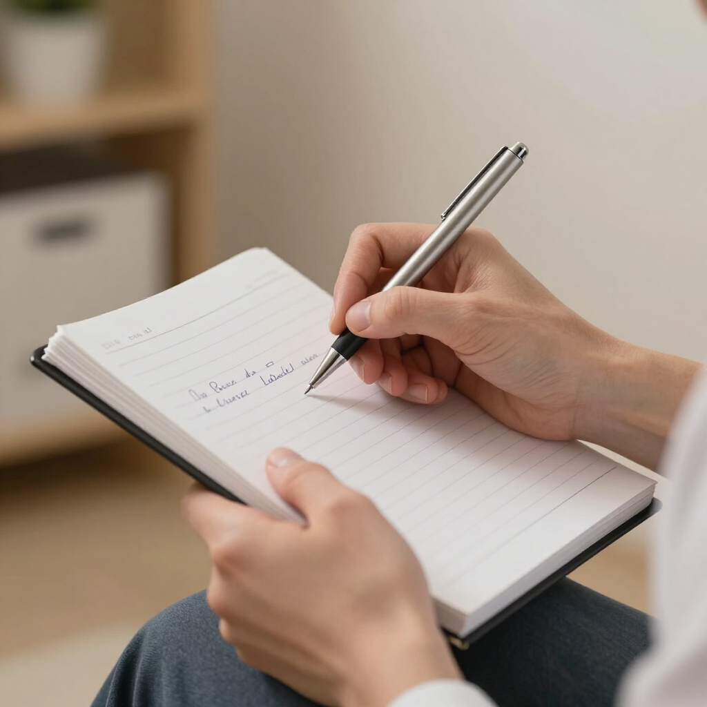 Person writing in a lined notebook with a silver pen while seated indoors