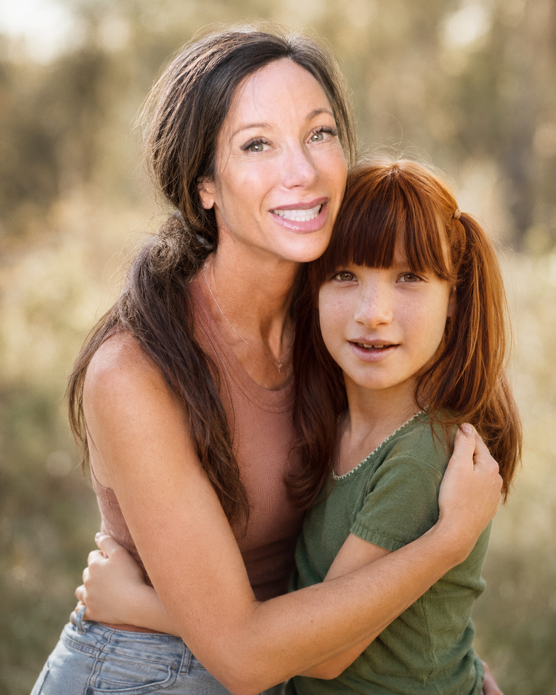 Two people smiling and hugging outdoors in warm sunlight, one in a green shirt and one in a sleeveless top.