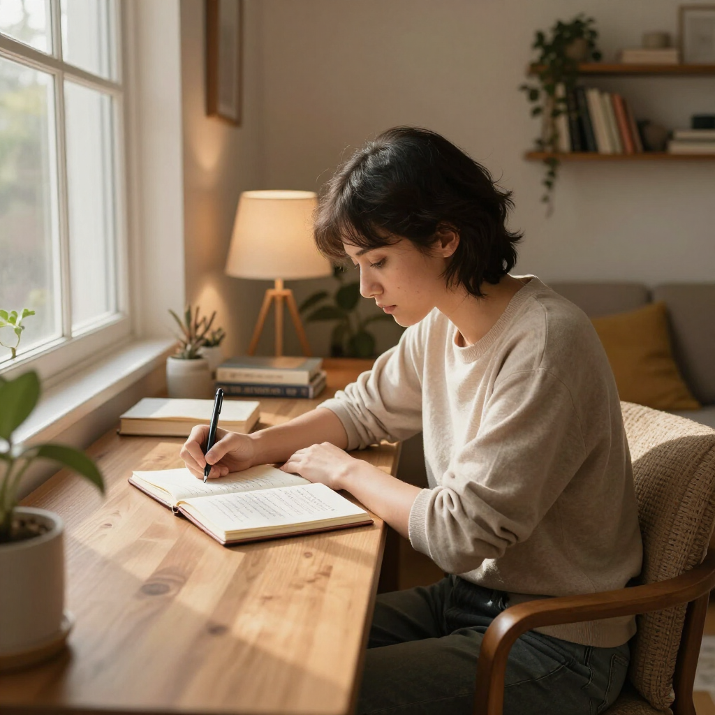 Person writing in a notebook at a sunlit desk beside a window and lamp