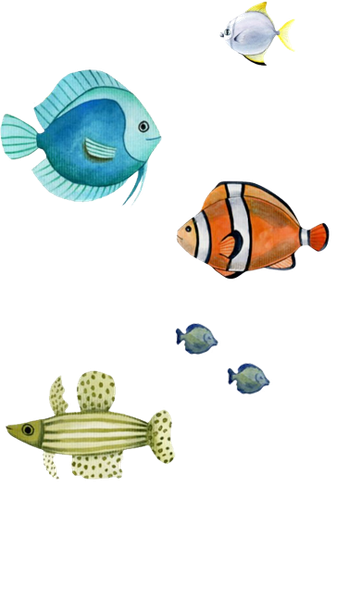 Watercolor illustration of six colorful fish swimming on a white background.