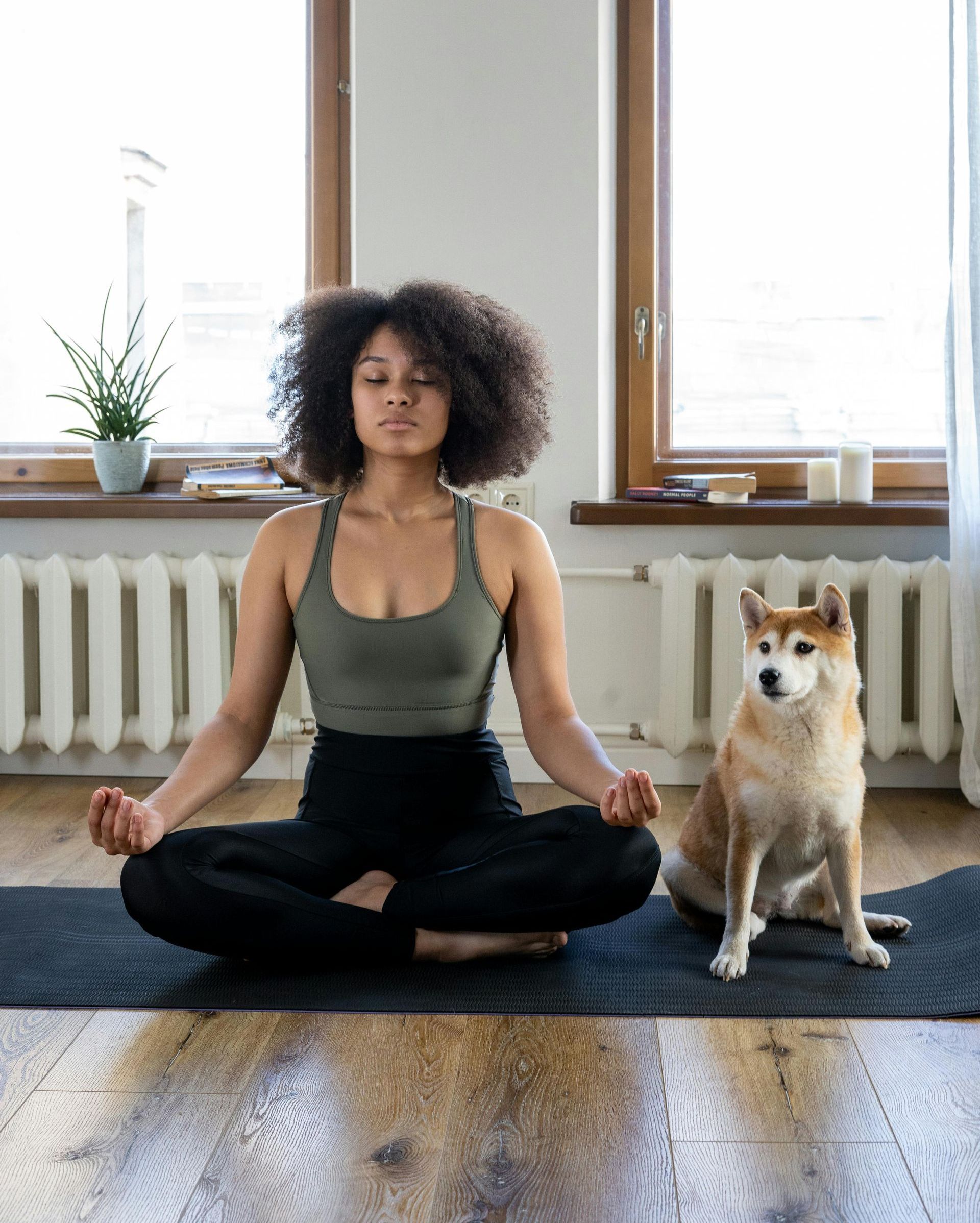 A woman is doing yoga with her dog in a living room.