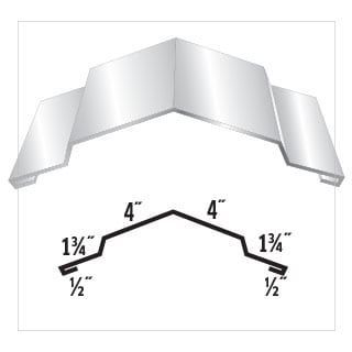Diagram of a metal valley flashing profile with dimensions of 4