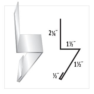Diagram and a 3D model of a metal flashing profile. It shows dimensions of 2 ¼”, 1 ½”, 1 ½”, and ½”.