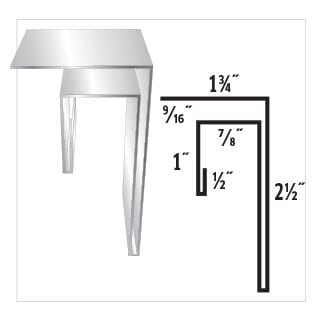 Diagram of a metal corner trim profile, showing dimensions in inches.