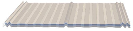 Corrugated metal roofing panels, beige, overlapping.
