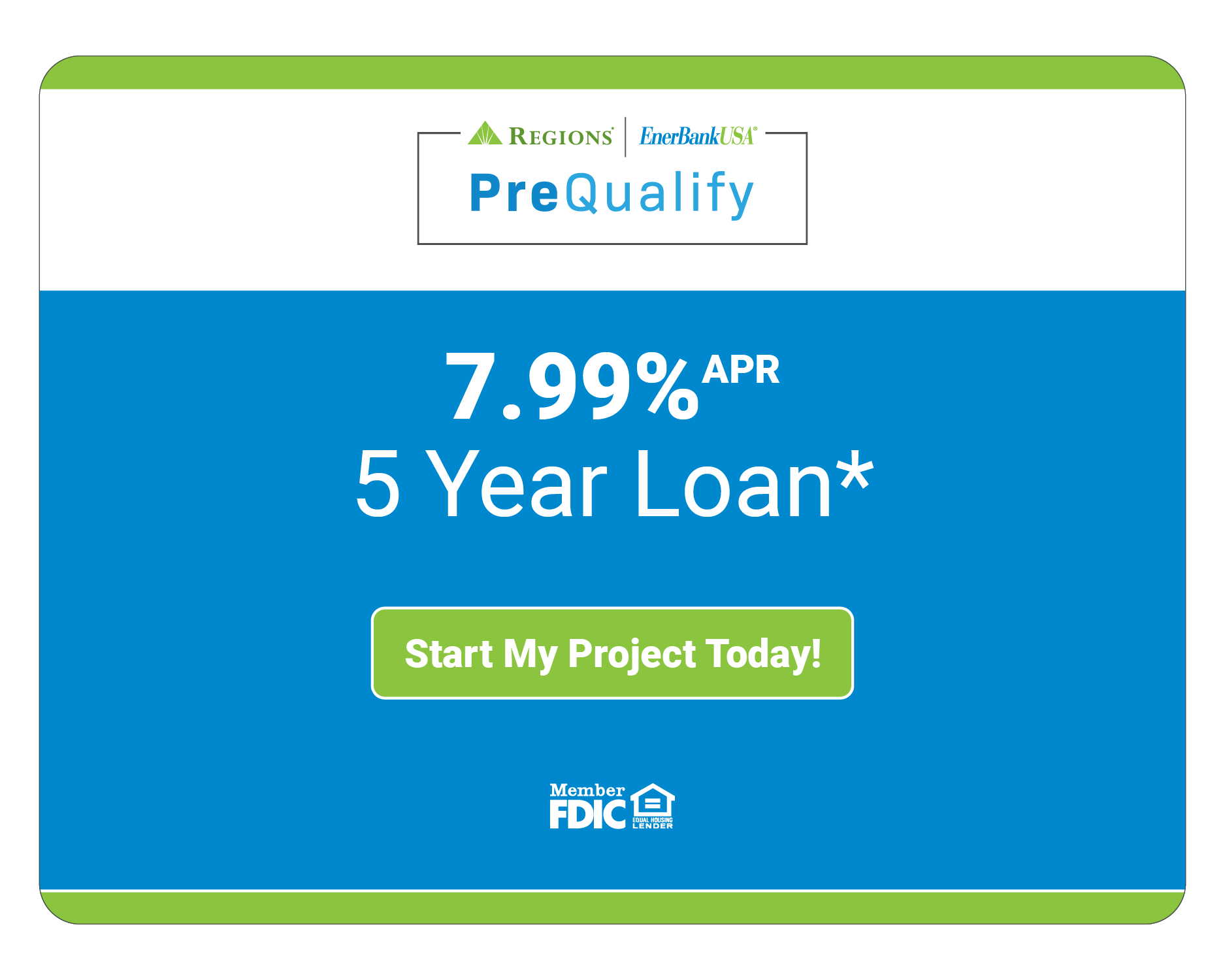 Ad for a 5-year loan at 7.99% APR. Features a blue background with a green 