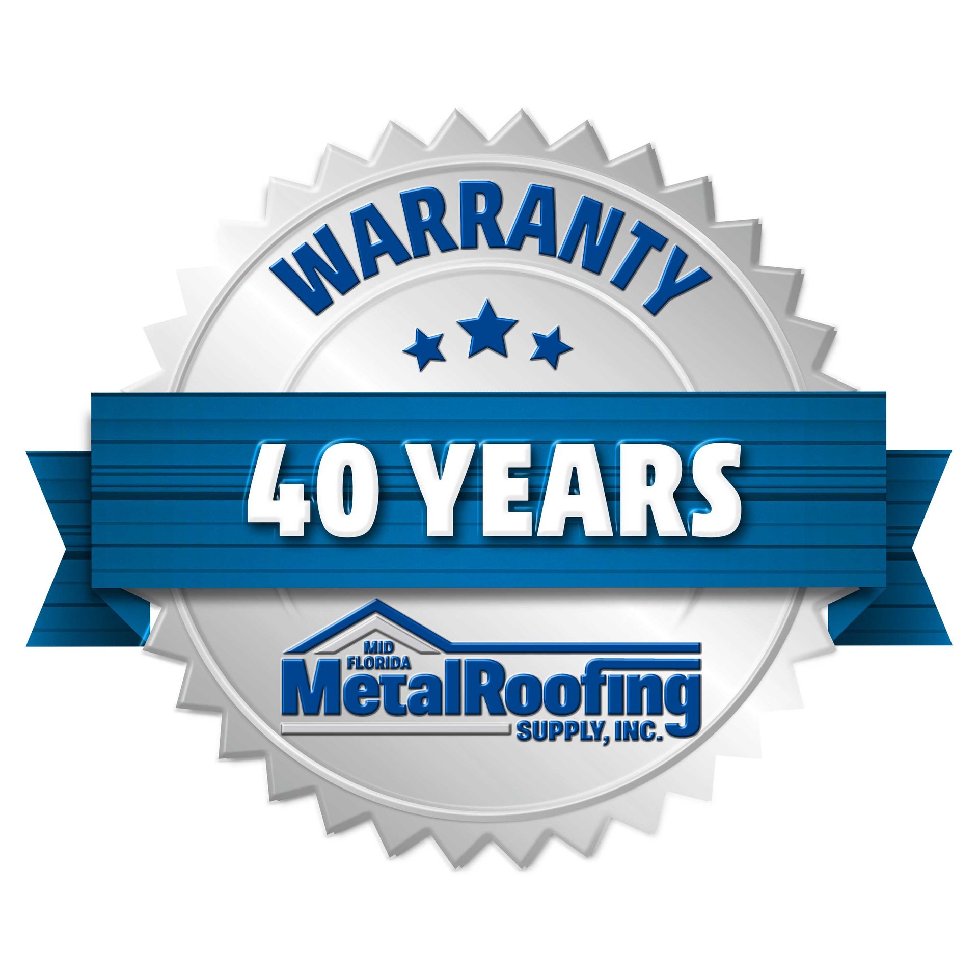 40-year warranty seal for metal roofing. Blue and silver badge with