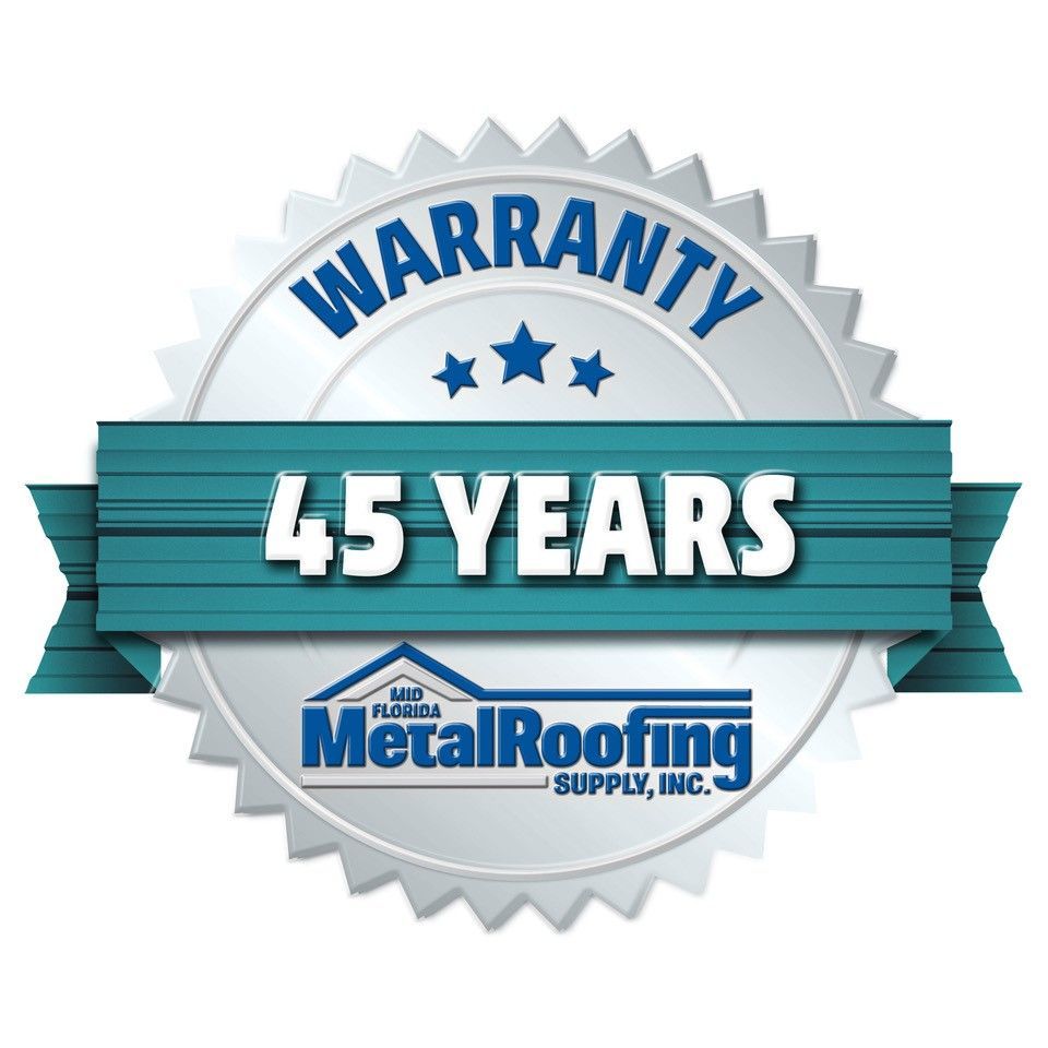 45-year warranty badge for metal roofing. Blue, silver, and white seal with company logo.