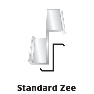Diagram of a standard Zee metal shape, silver with black outline, used in construction.
