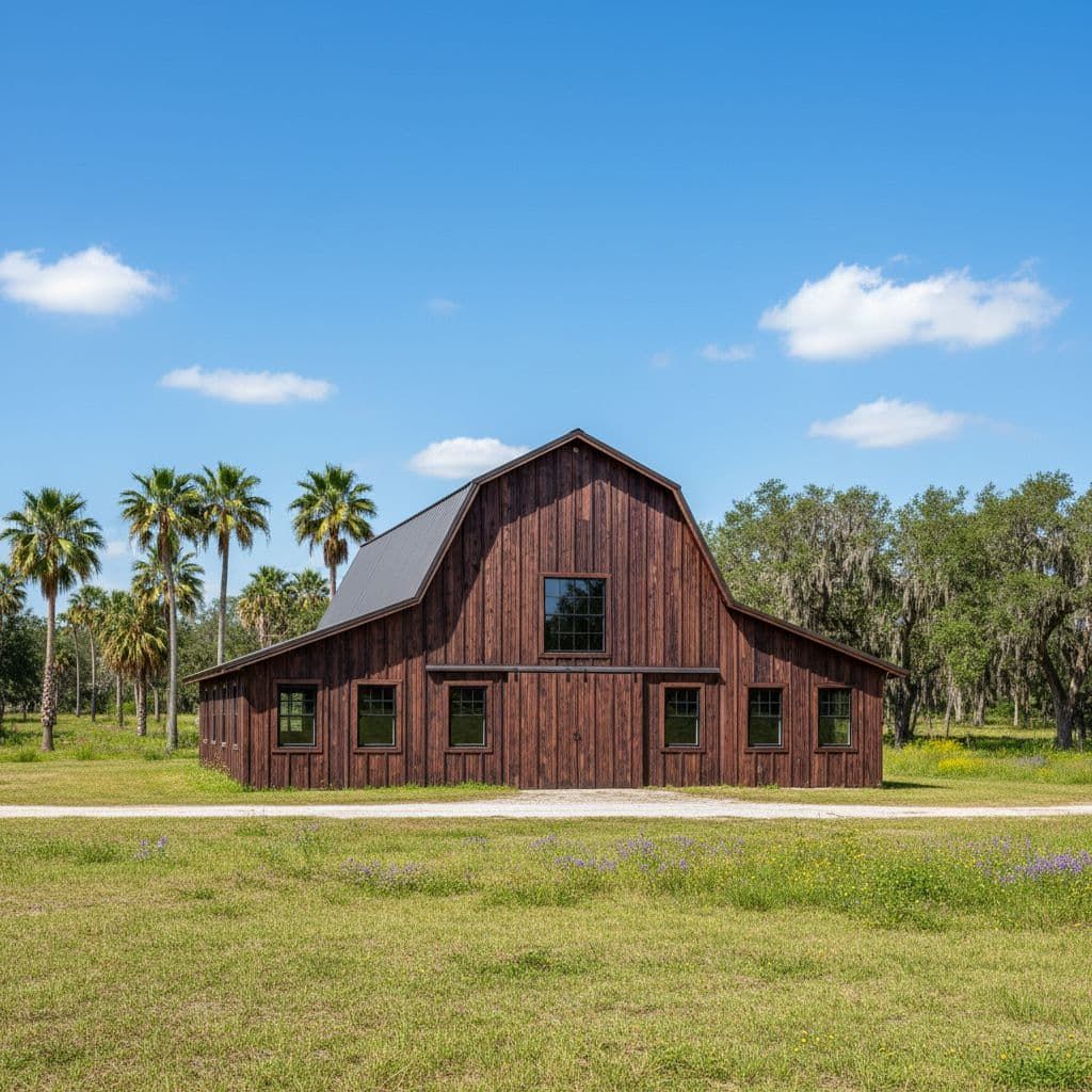 Brown barn with a dark roof and windows, standing in a field with trees and blue sky.