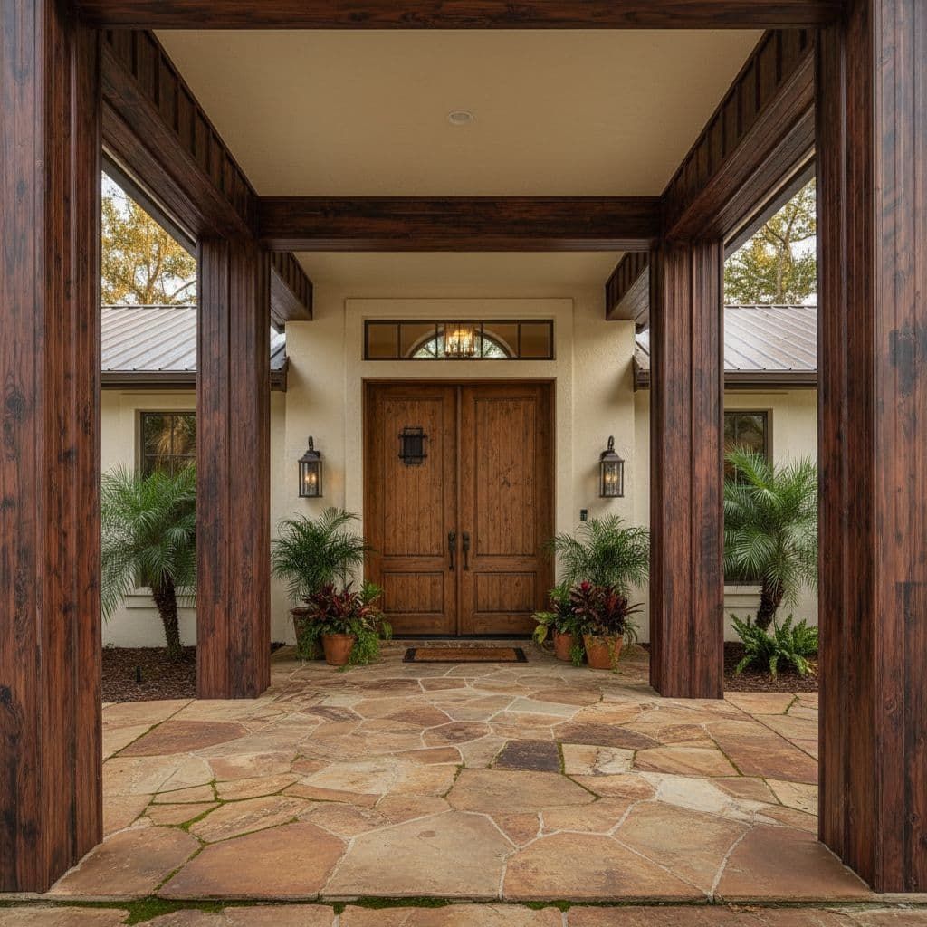 Stone entryway with wooden columns, double doors, and potted plants.