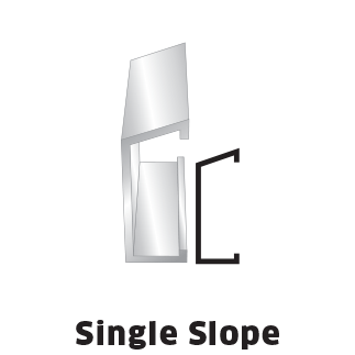 Diagram of a single-slope metal roofing component with a cross-sectional view and labeled 