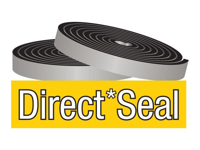 Two rolls of black foam sealing tape with gray edges, above a yellow rectangle with the text