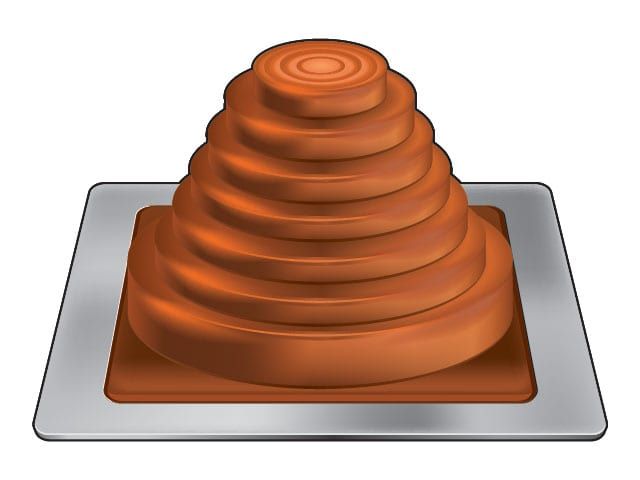 Orange rubber roof flashing with multiple tiers on a silver metal base.