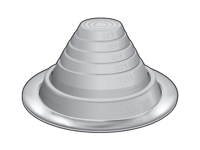 Gray rubber roof flashing for a pipe.