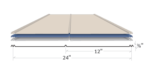 Diagram of two tan metal panels with blue undersides. They are each 24 inches wide and the height is 3/8 inch.