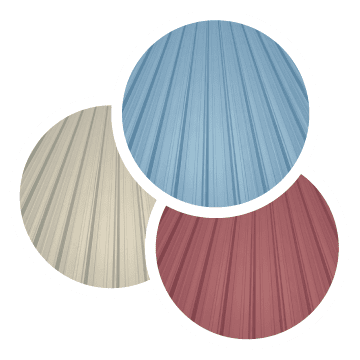 Three overlapping circles showcasing corrugated metal in cream, blue, and red.