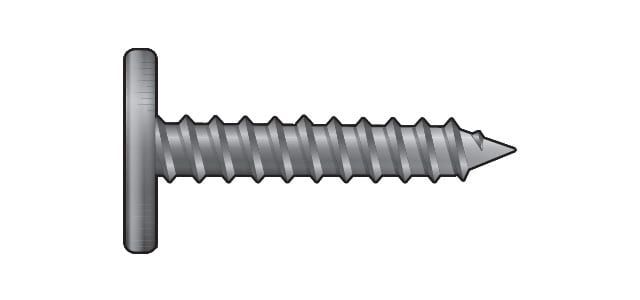 A silver drywall screw with a flat, circular head.