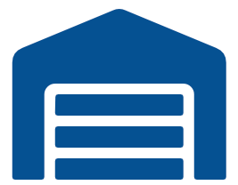 Blue garage icon with a closed, horizontal-slat garage door.