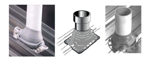 Three examples of pipe flashing on a corrugated roof, using different materials and styles.