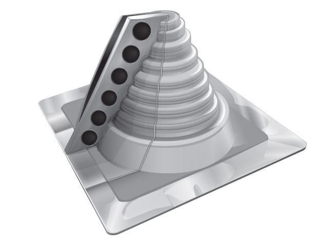 A gray roof flashing with a flexible cone for a pipe and a metal base.