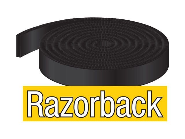 Black coiled Razorback strip on a yellow and black logo.