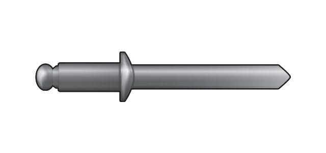 A silver rivet with a rounded head, a flange, and a tapered end.