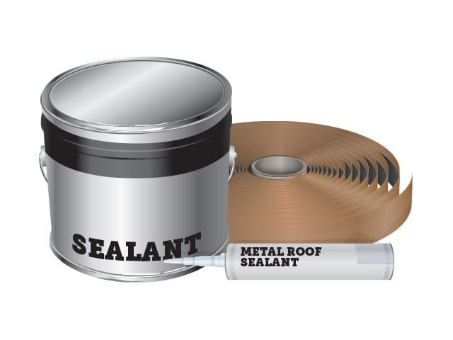 A can of sealant, roll of metal roof sealant tape, and a tube of metal roof sealant on a white background.