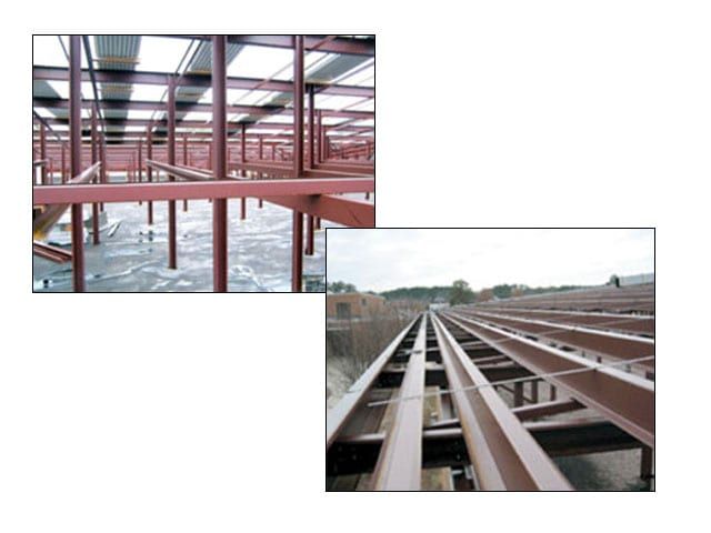Steel beams and columns forming the framework of a building under construction.